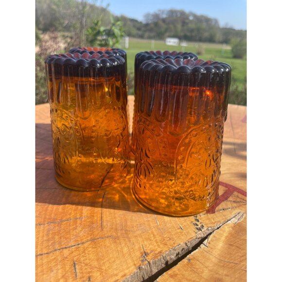 12 Oz Amber Flat Tumbler Fleur de Lis by Anthropologie Glass - Picture 3 of 4